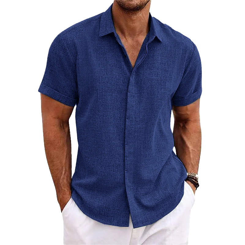 Chemise En Coton Lin À Manches Courtes À Col Uni Pour Hommes