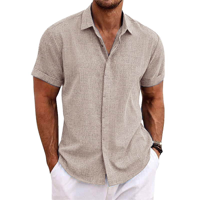 Chemise En Coton Lin À Manches Courtes À Col Uni Pour Hommes