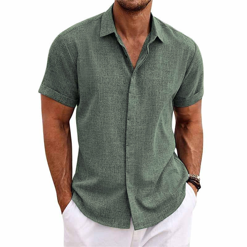 Chemise En Coton Lin À Manches Courtes À Col Uni Pour Hommes