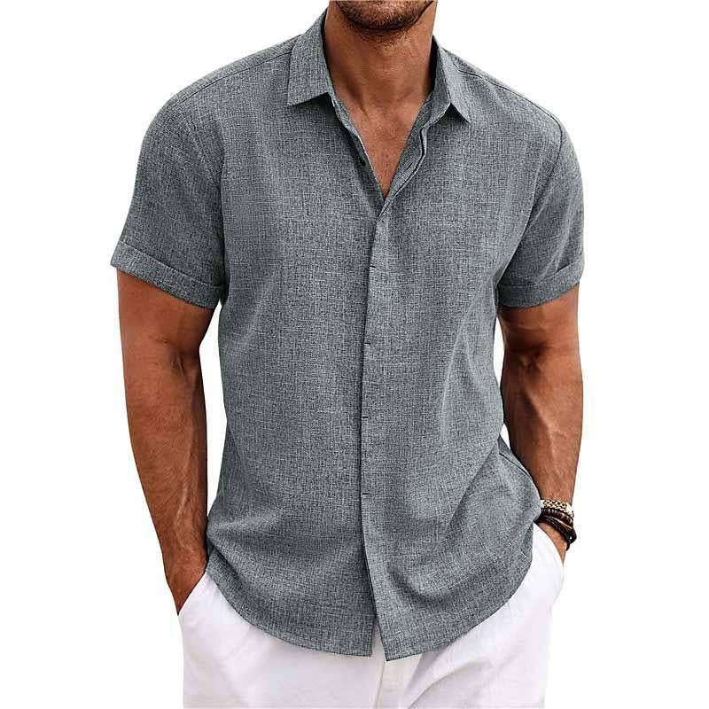 Chemise En Coton Lin À Manches Courtes À Col Uni Pour Hommes