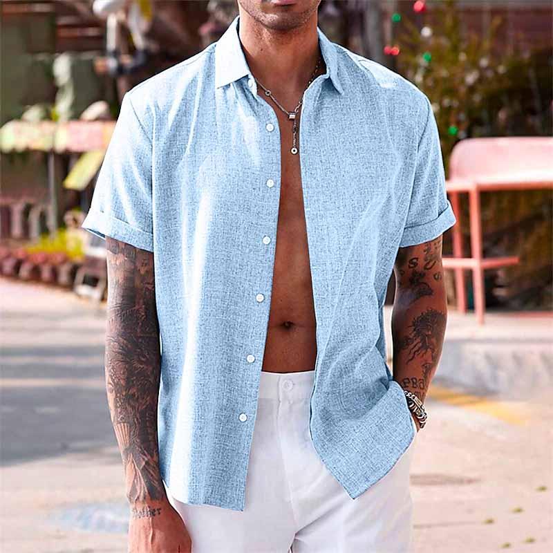 Chemise En Coton Lin À Manches Courtes À Col Uni Pour Hommes