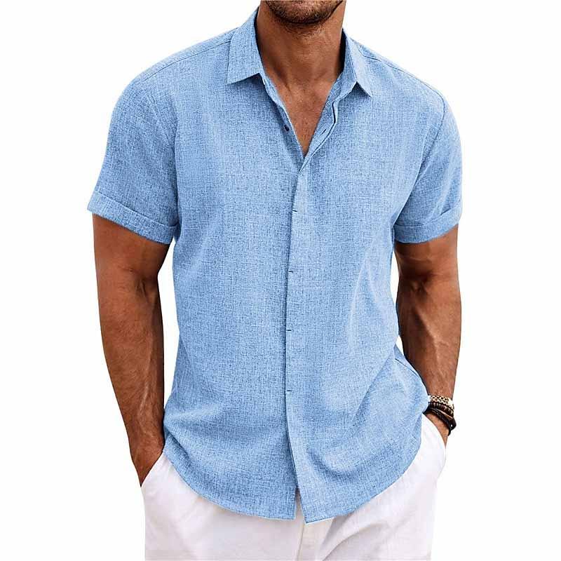 Chemise En Coton Lin À Manches Courtes À Col Uni Pour Hommes