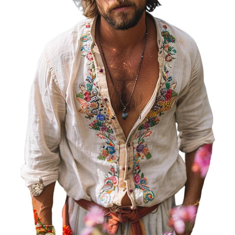 Chemise Décontractée À Manches Longues Brodée Vintage Pour Hommes