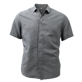 Chemise En Coton Lin À Manches Courtes À Col Uni Pour Hommes