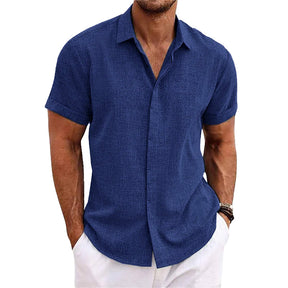 Chemise En Coton Lin À Manches Courtes À Col Uni Pour Hommes