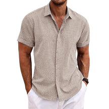 Chemise En Coton Lin À Manches Courtes À Col Uni Pour Hommes