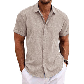 Chemise En Coton Lin À Manches Courtes À Col Uni Pour Hommes