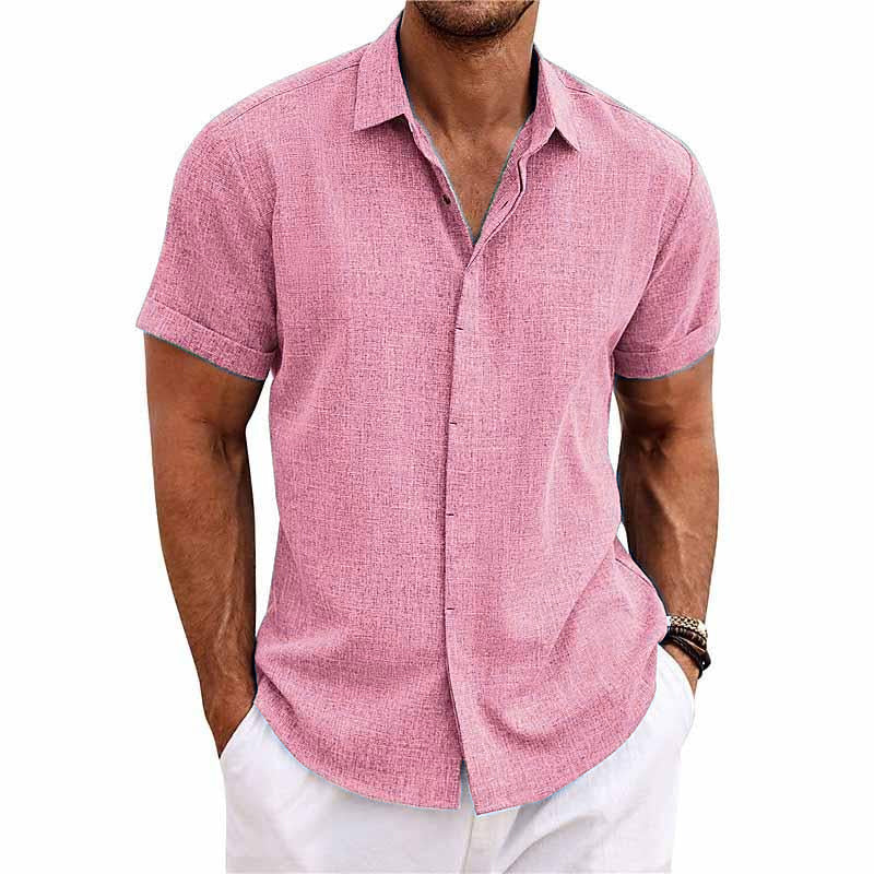 Chemise En Coton Lin À Manches Courtes À Col Uni Pour Hommes