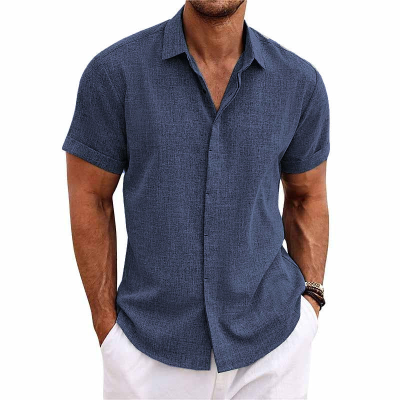 Chemise En Coton Lin À Manches Courtes À Col Uni Pour Hommes