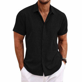 Chemise En Coton Lin À Manches Courtes À Col Uni Pour Hommes