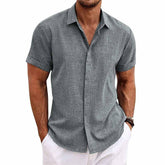 Chemise En Coton Lin À Manches Courtes À Col Uni Pour Hommes