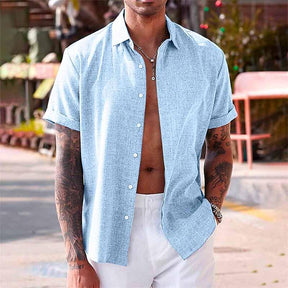Chemise En Coton Lin À Manches Courtes À Col Uni Pour Hommes
