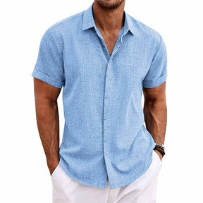Chemise En Coton Lin À Manches Courtes À Col Uni Pour Hommes