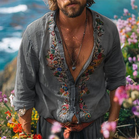 Chemise Décontractée À Manches Longues Brodée Vintage Pour Hommes